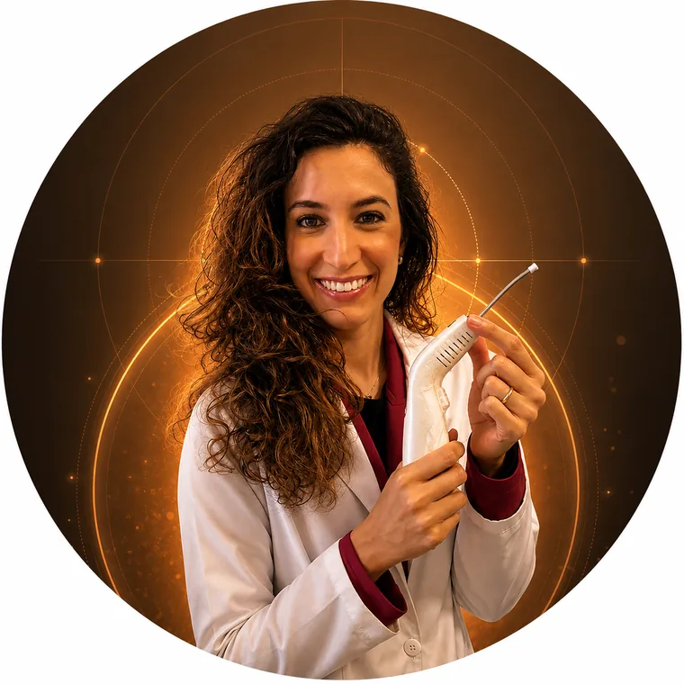 Fernanda Pradines de jaleco, sorrindo, segurando um aparelho de laserterapia
