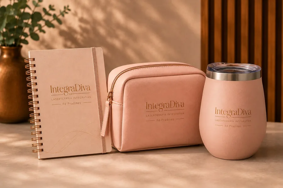 Kit IntegraDiva personalizado com caderno, nécessaire e copo térmico, prêmio do 1º lugar